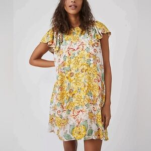 Free People Yara Printed Mini Dress Women’s Size S Yellow Floral Boho Effortless